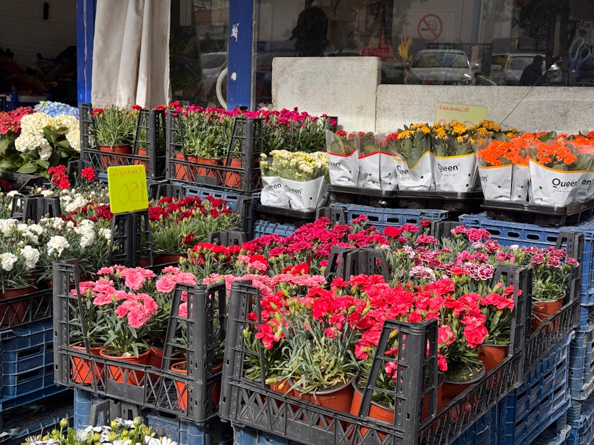 An outdoor display of various potted flowers, predominantly pink, red, white, yellow, and orange blooms, arranged in black plastic crates and white paper sleeves. The flowers include carnations, chrys