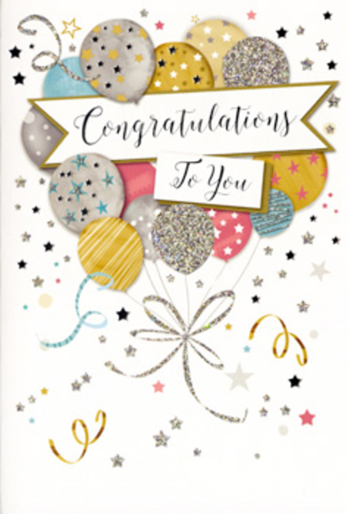 The image shows a refined congratulations card propped open as if waiting beside a fresh bouquet on a Parsons Green coffee table, its front artwork radiating quiet festivity. The design centres on a bunch of illustrated balloons, gently overlapping as they rise up the card in a soft, vertical sweep. Each balloon is rendered in muted celebratory hues-antique gold, brushed silver, pale champagne, sky blue, rosy pink, and soft grey-finished with accents of shimmering glitter, tiny stars, or subtle stripes. Together they create the impression of a thoughtfully coordinated party decoration, much like a carefully curated mix of blooms. The balloon strings trail downward in elegant lines of metallic gold and silver, mingling and looping to form a graceful knot that pulls the composition together. Surrounding them, tiny stars, dots of confetti, and looping ribbons drift across a pale, almost luminous background, evoking the feeling of light streaming into a room after a successful celebration along Fulham Road. A central banner stretches across the bouquet of balloons, carrying a refined congratulations message in stylish calligraphy that feels personal and heartfelt. The overall mood is one of polished joy: festive yet tasteful, ideal for marking milestones such as exams passed, new jobs won, or new ventures begun. As a local florist who often adds cards like this to congratulatory arrangements for deliveries across Parsons Green and neighbouring Chelsea, I see this design as a visual echo of that moment when flowers arrive, and the recipient realises just how proud everyone is of what they've achieved.