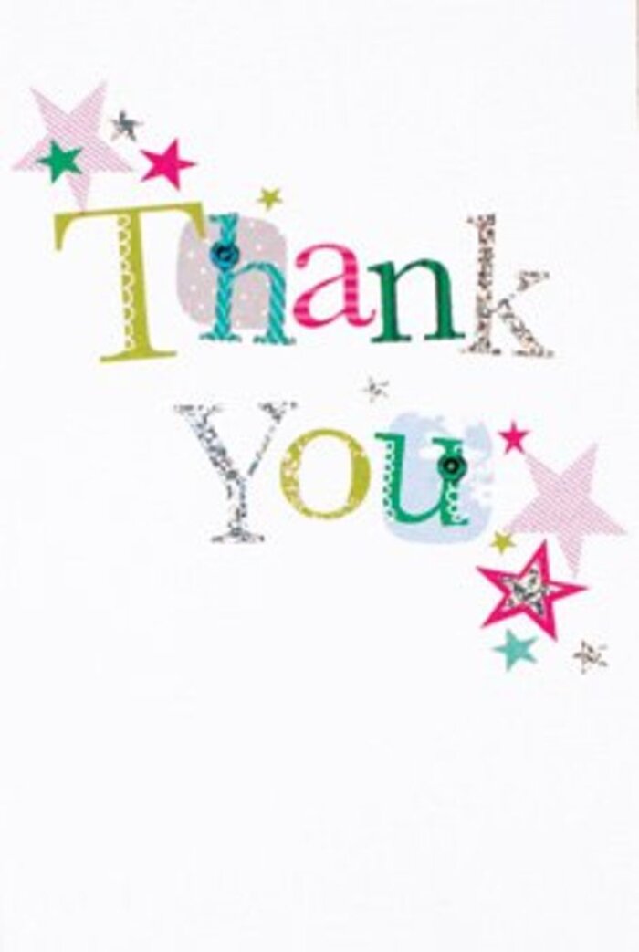 The composition of this thank you card radiates understated exuberance, perfectly capturing the elegant-yet-inviting nature of Parsons Green. Each letter in the words 'Thank You' is distinct: some peppered with playful dots, others curving with flourishes reminiscent of musical notes drifting through a springtime picnic in Hurlingham Park. Colours sing across the card-crisp greens, luminous pinks, tranquil blues-each with a life of its own, set off by shimmers of silver that suggest moments of sunlight glancing off morning dew in local gardens. Stars, both striped in sparkling pink and drenched in bold turquoise or silver, cluster near the sentiment, like blessings or happy wishes gathered by friendly neighbours. The layout feels wonderfully modern and airy, with a gentle stardust effect animating the untouched white space. Sophisticated yet never fussy, it offers a universal warmth-a gesture of gratitude that's uplifting as a bouquet of mixed blooms delivered to a home on Parsons Green Lane. Whether used for business or friendship, this card's artistry and sentiment mirror the refined creativity found in every hand-tied gift from Florist Parsons Green.