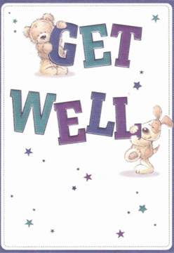 With a spirit as welcoming as a friendly smile exchanged on Parsons Green Lane, this get well card radiates both comfort and cheer. Two charming companions-a beaming teddy bear and a floppy-eared pup-animate the scene, their playful energy revealed in every delightfully rounded brushstroke. The bear is perched confidently atop the large, bold letters spelling 'GET,' while below, the enthusiastic puppy nudges the word 'WELL,' as if handing over a message of hope. Bright star motifs, glimmering in hues of indigo and shimmering teal, scatter optimism through the crisp, clean white background-a canvas as pure as freshly delivered blooms. The deep, joyful colours captured in the typography mirror the soothing palettes found in Florist Parsons Green's hand-picked bouquets, arranged with care and intention for local residents. The whole image is imbued with tactile warmth, from the inviting softness of the furry duo to the vivid, textured lettering. Like a thoughtfully arranged bouquet delivered to a home near Eel Brook Common, each detail glows with encouragement and nurturing energy, making this card an uplifting gesture for anyone on the mend.